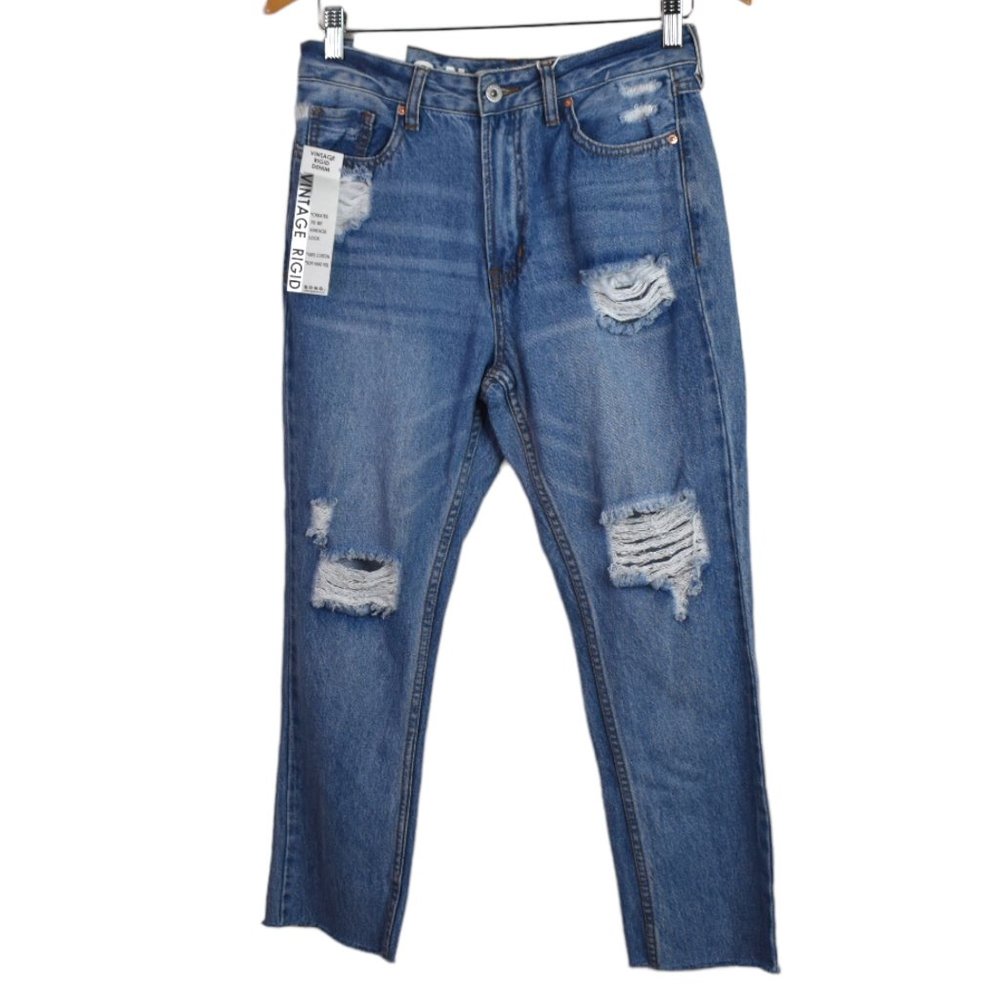SONG Jeans 7/28 Womens Straight Fit High Rise Distressed Vintage Rigid Denim
